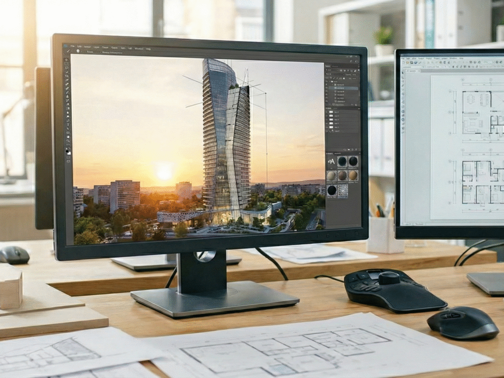 PCモニターに表示された高層ビルの3D完成予想図（パース）と2D図面
